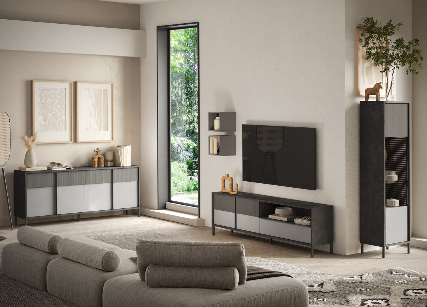 Long meuble TV 206 cm 2 portes sérigraphiées et 1 tiroir gris