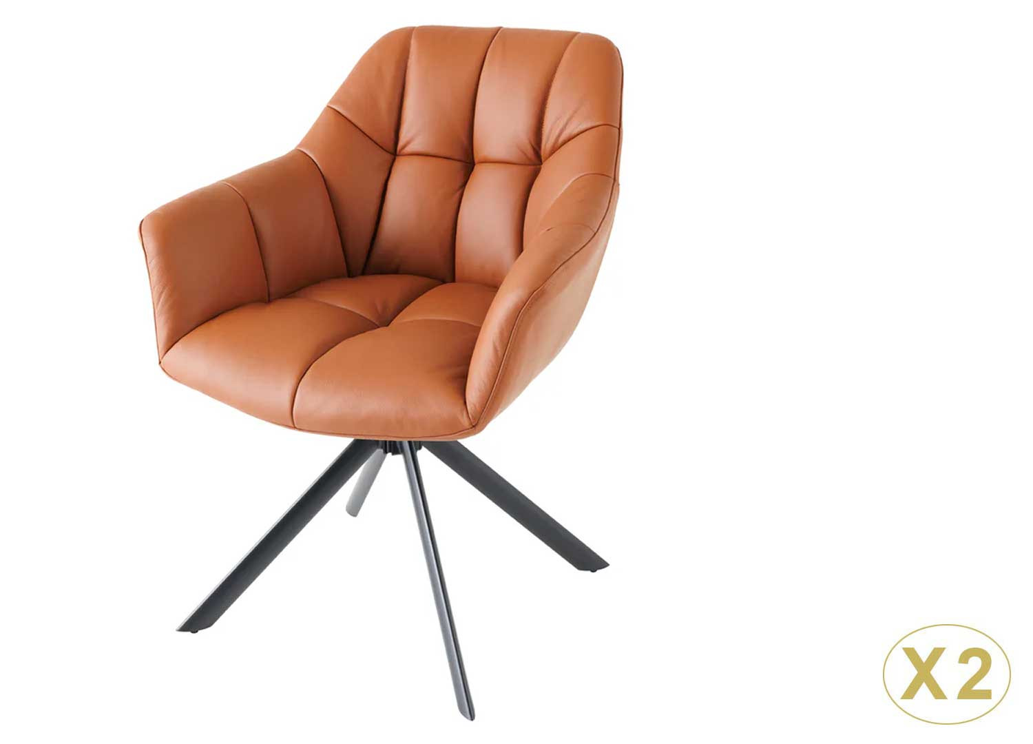 Lot de 2 chaises accoudoirs pivotantes en cuir cognac Hudson