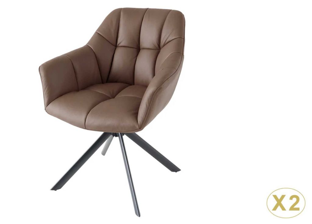 Lot de 2 chaises accoudoirs pivotantes en cuir marron Hudson