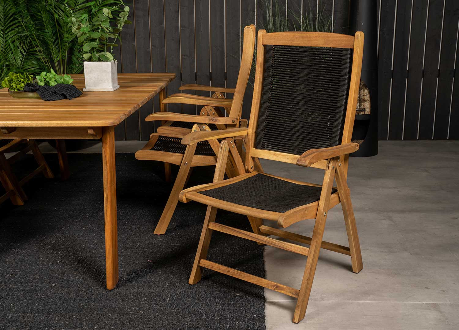 Lot de 2 chaises de jardin pliantes bois d'acacia et cordage noir
