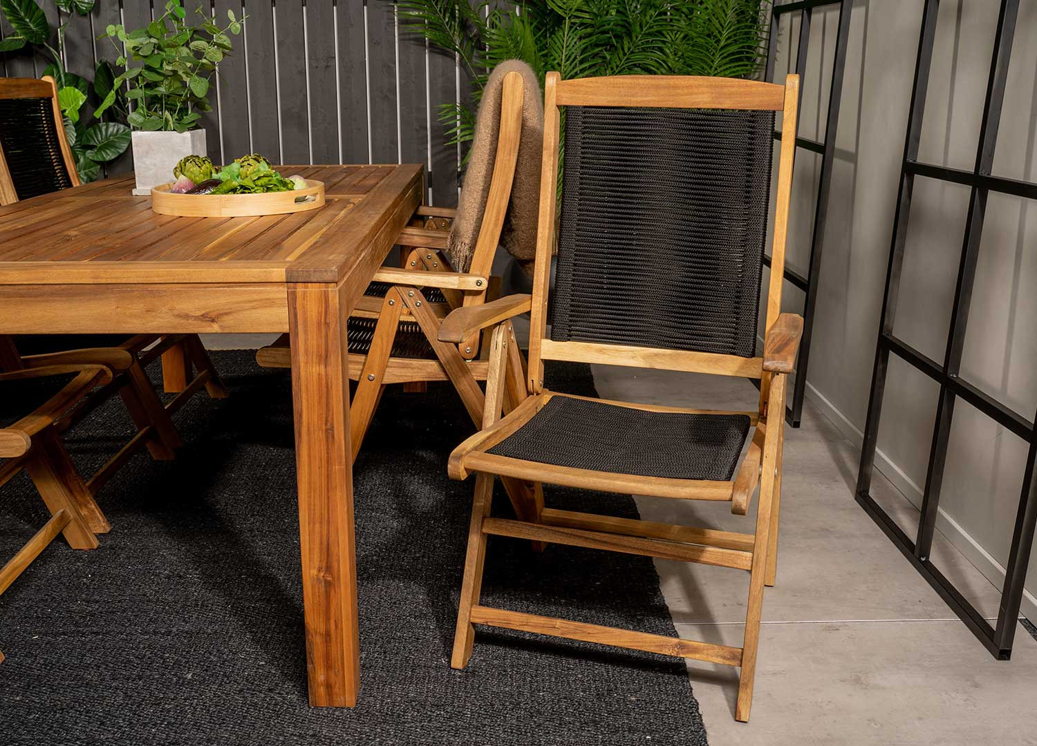 Lot de 2 chaises de jardin pliantes bois d'acacia et cordage noir