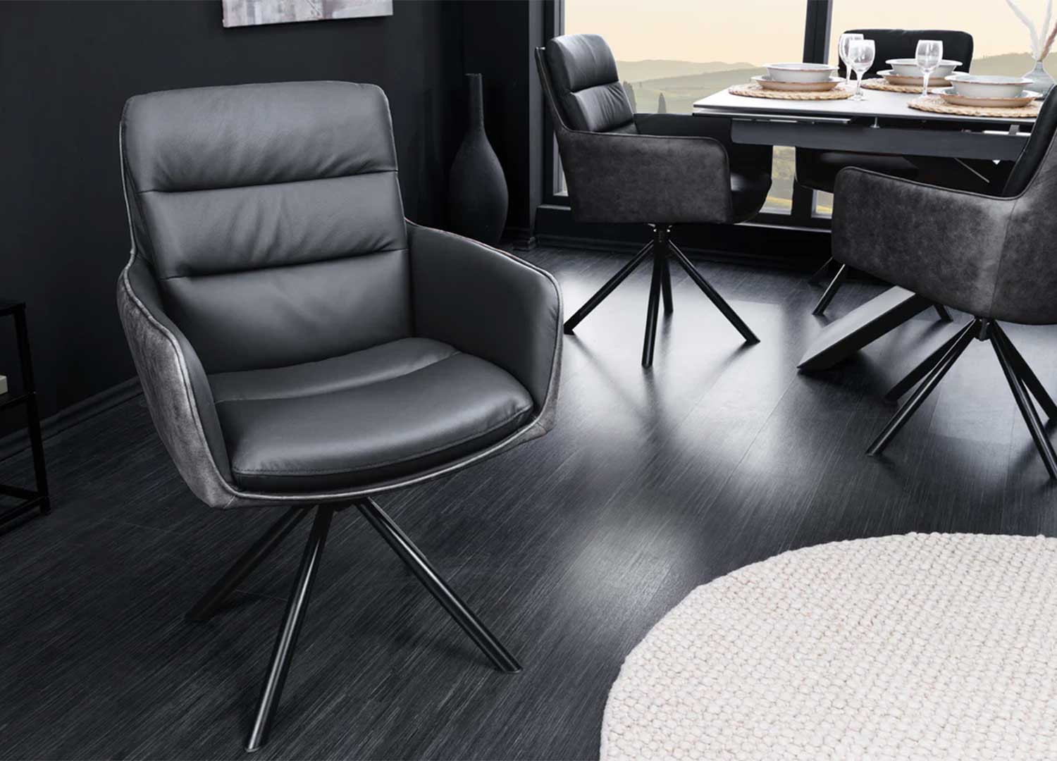 Chaise de salle à manger en cuir et tissu anthracite moderne