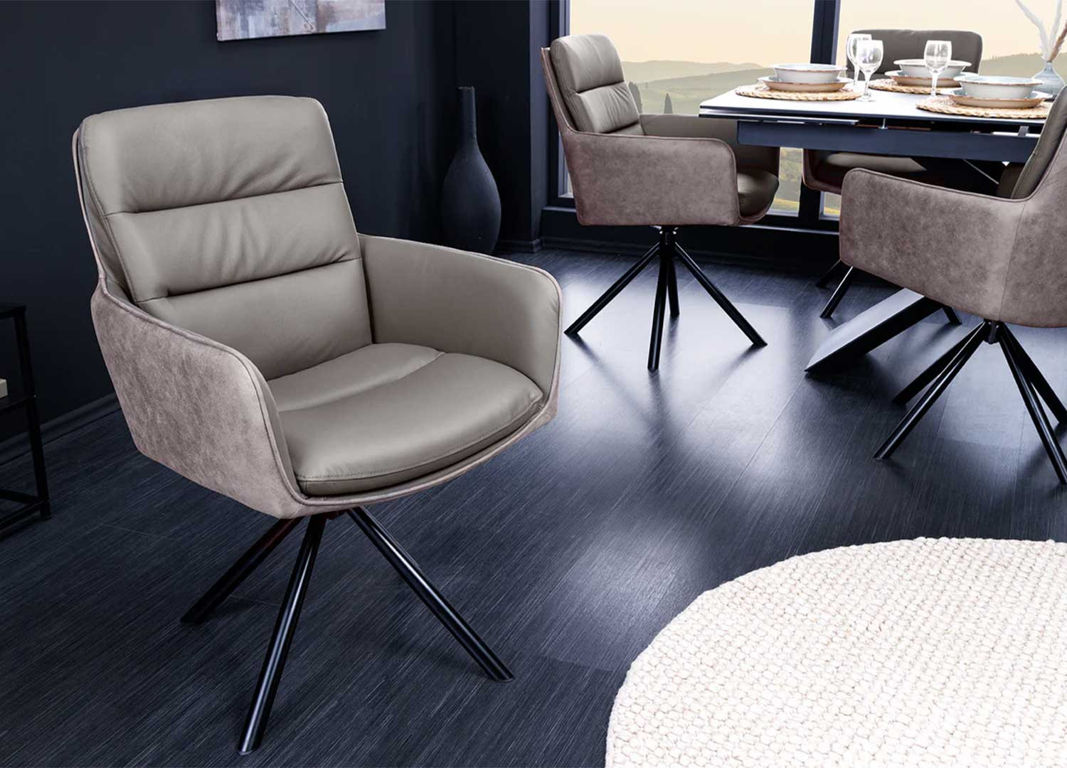 Chaise design pivotante de salle à manger en cuir taupe