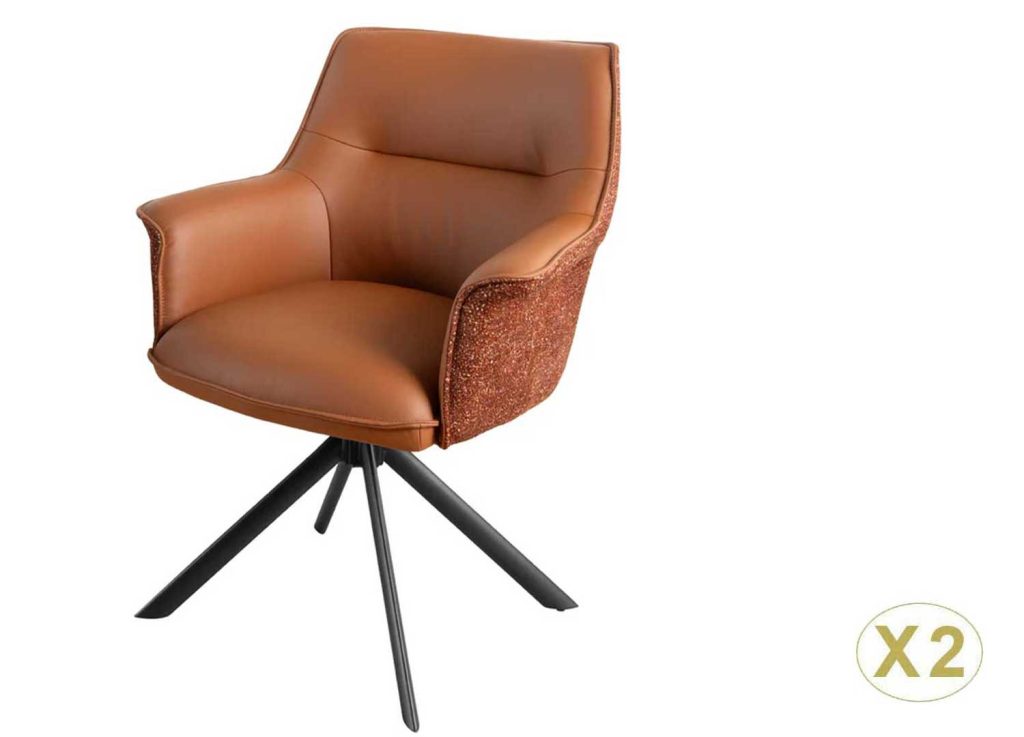 Lot de 2 chaises pivotantes en cuir et tissu marron Darek