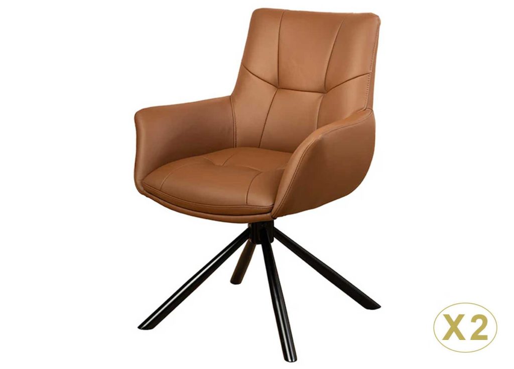 Lot de 2 chaises pivotantes en cuir véritable cognac Bridget