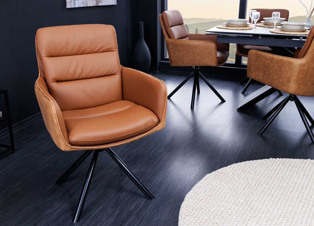 Lot de 2 chaises rotatives à 360° en cuir et tissu cognac Abby