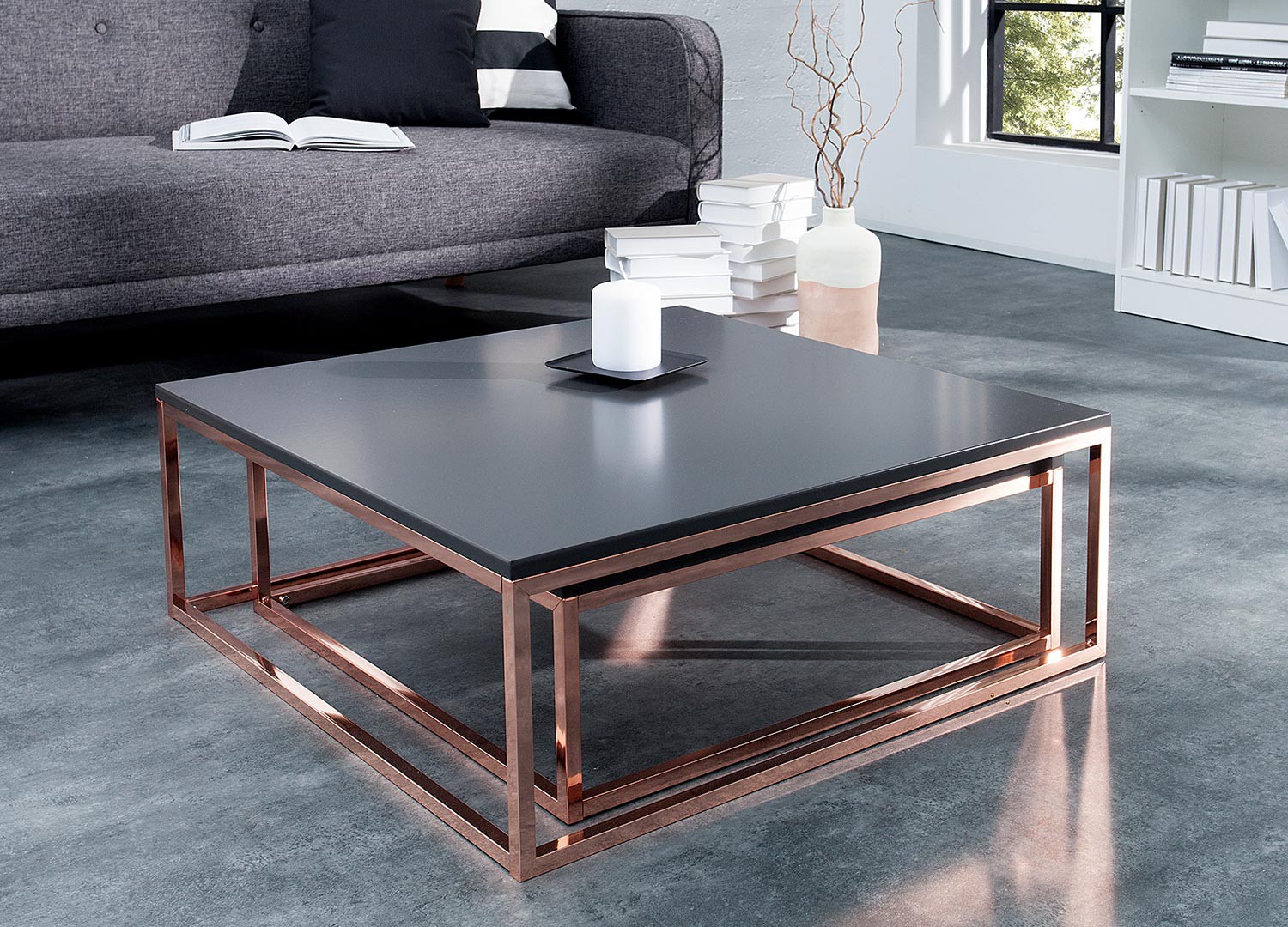 Lot de 2 table basse gigogne carrée anthracite et cuivré