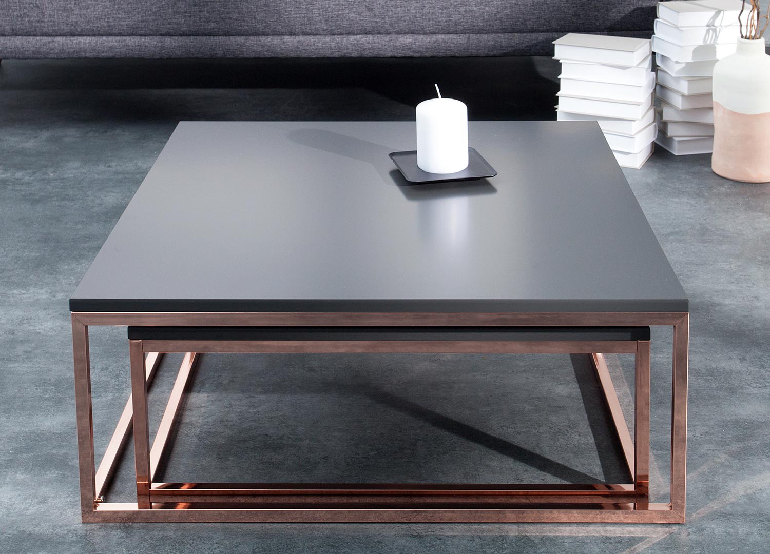 Lot de 2 table basse gigogne carrée anthracite et cuivré