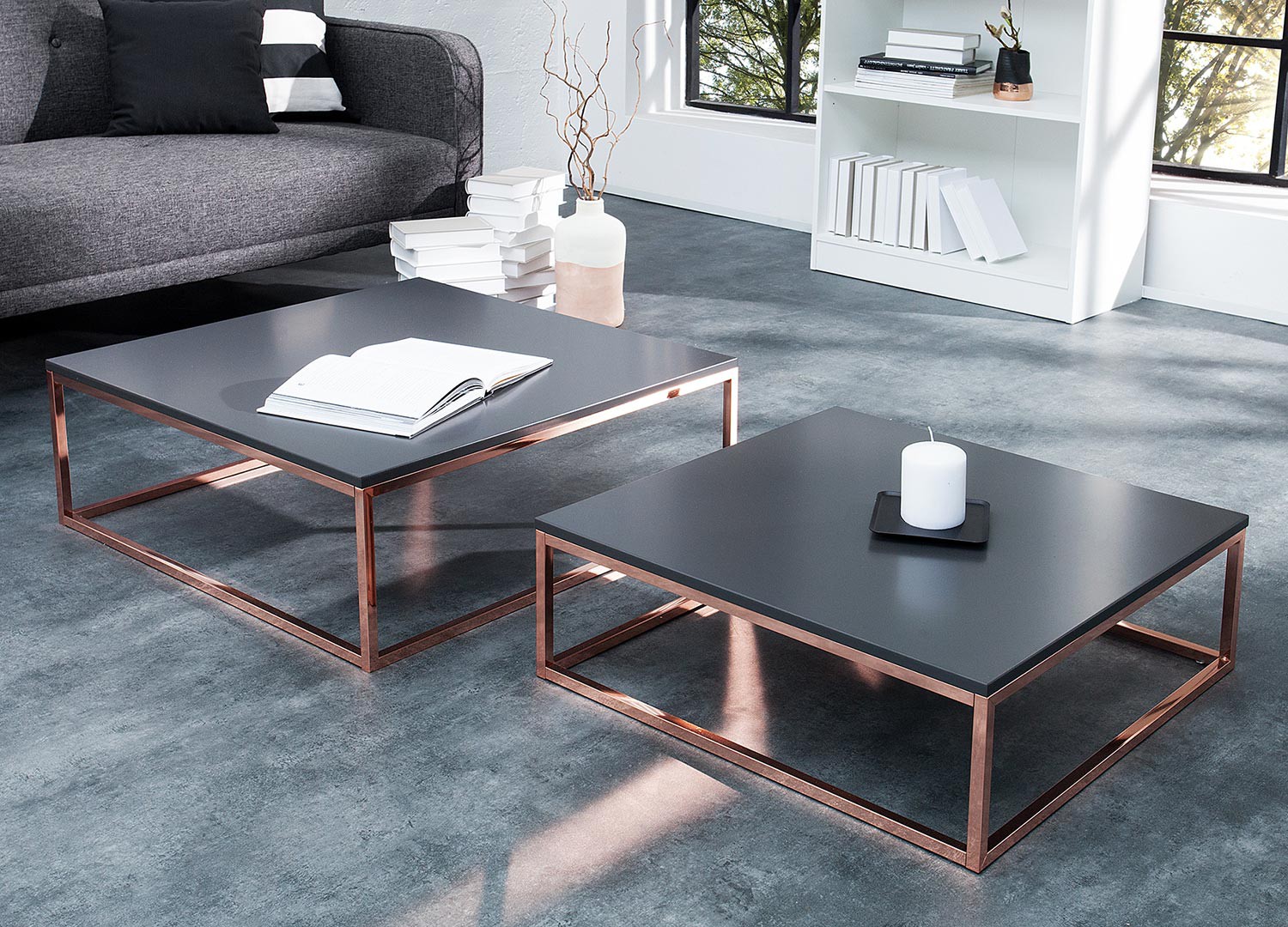 Lot de 2 table basse gigogne carrée anthracite et cuivré