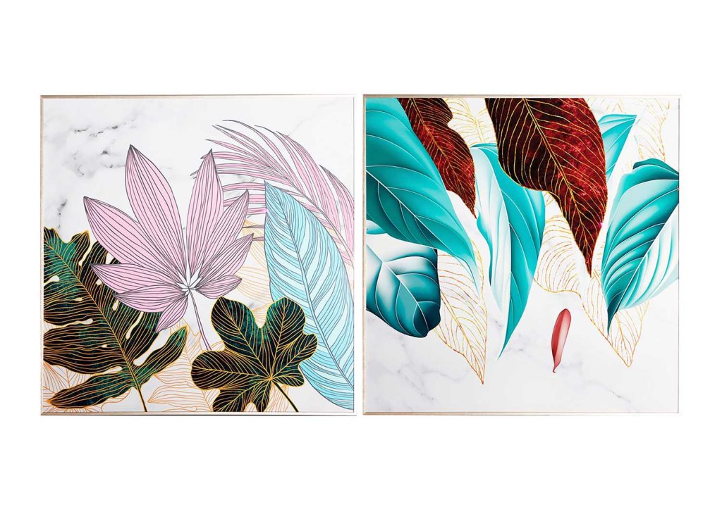 Lot de 2 tableaux carrés à motifs végétaux colorés 80x80 cm