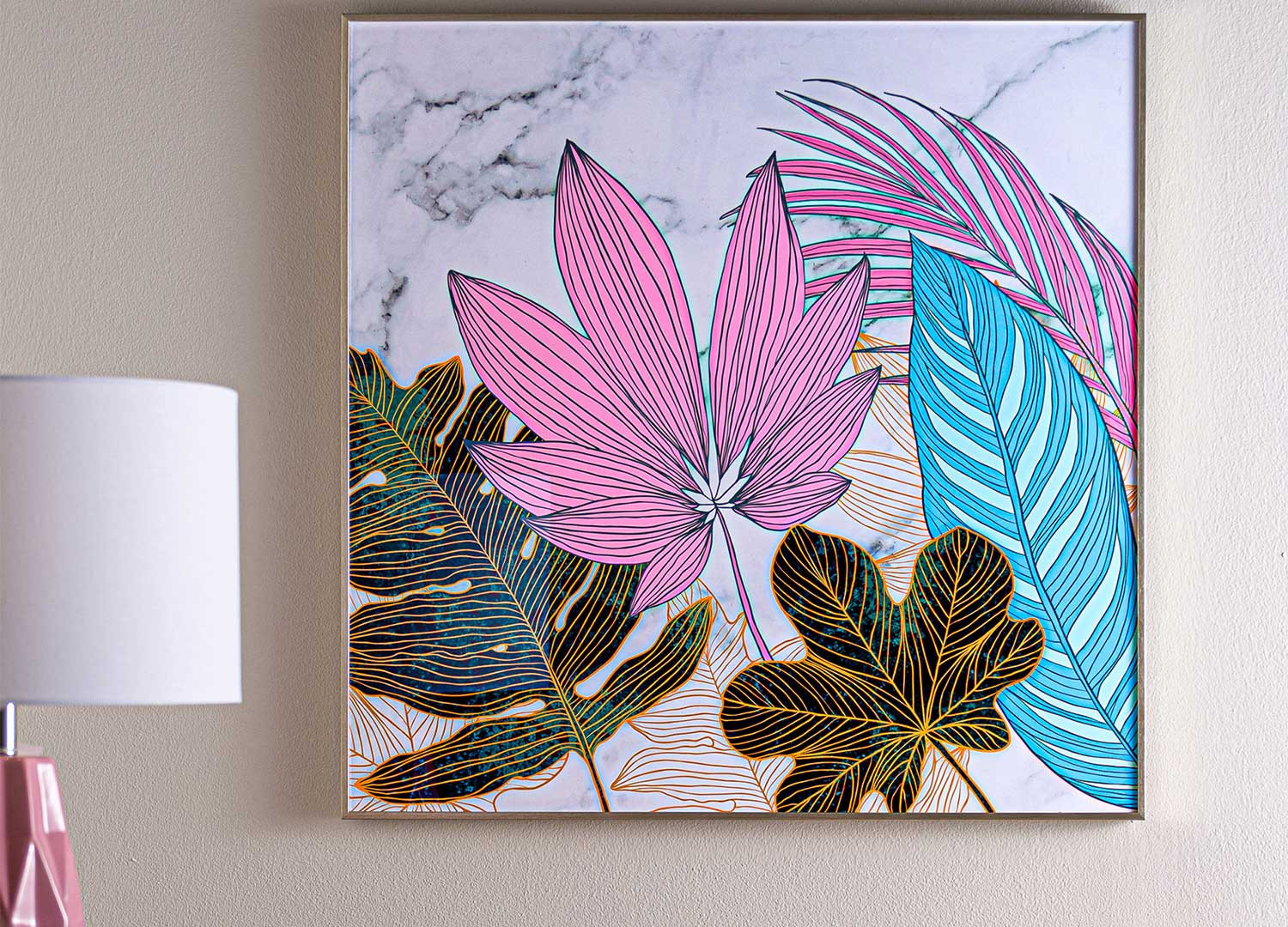 Lot de 2 tableaux carrés à motifs végétaux colorés 80x80 cm