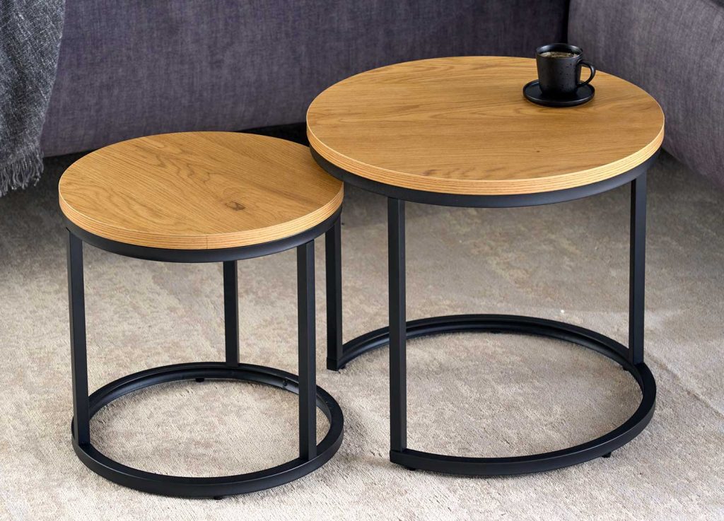 Lot de 2 tables basses gigognes imitation chêne sauvage et métal