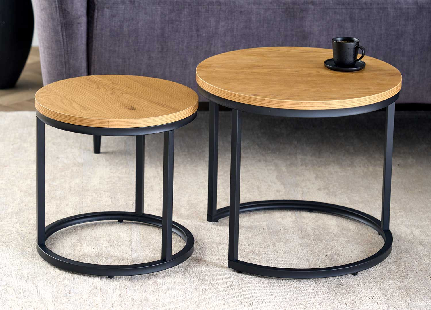 Lot de 2 tables basses gigognes imitation chêne sauvage et métal