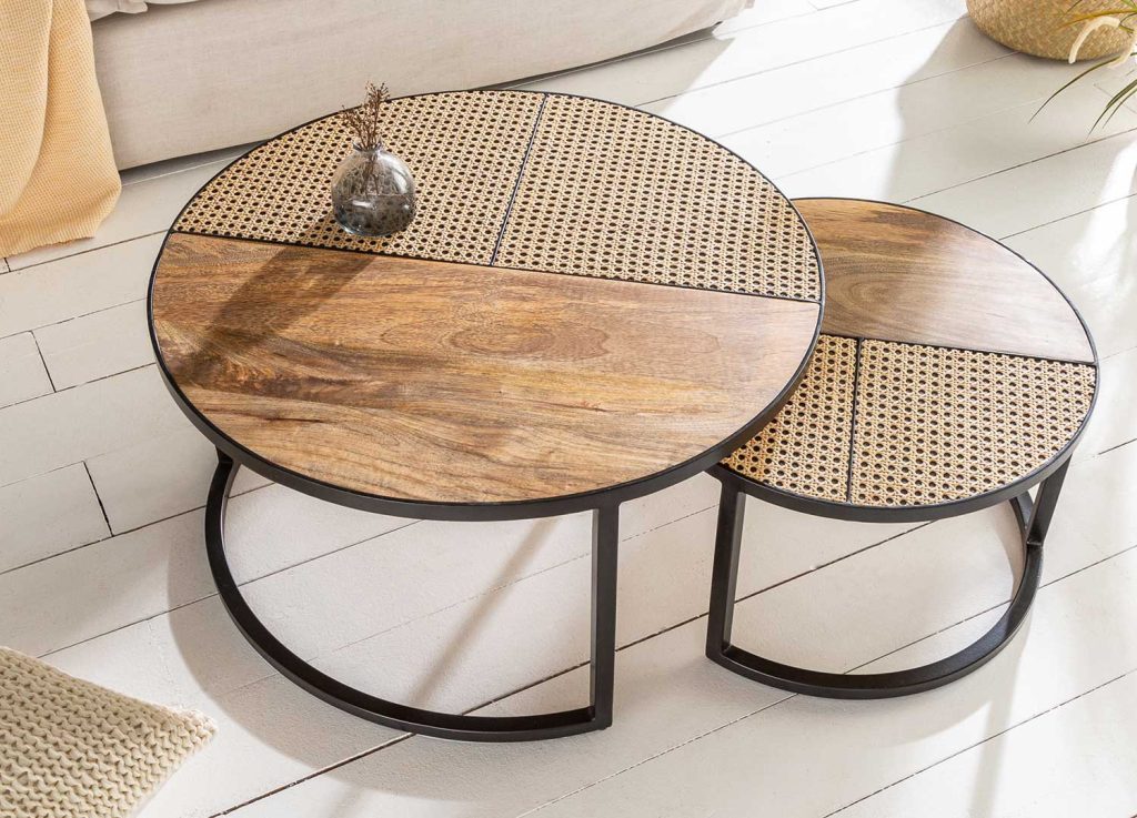Lot de 2 tables basses rondes bois de manguier et rotin