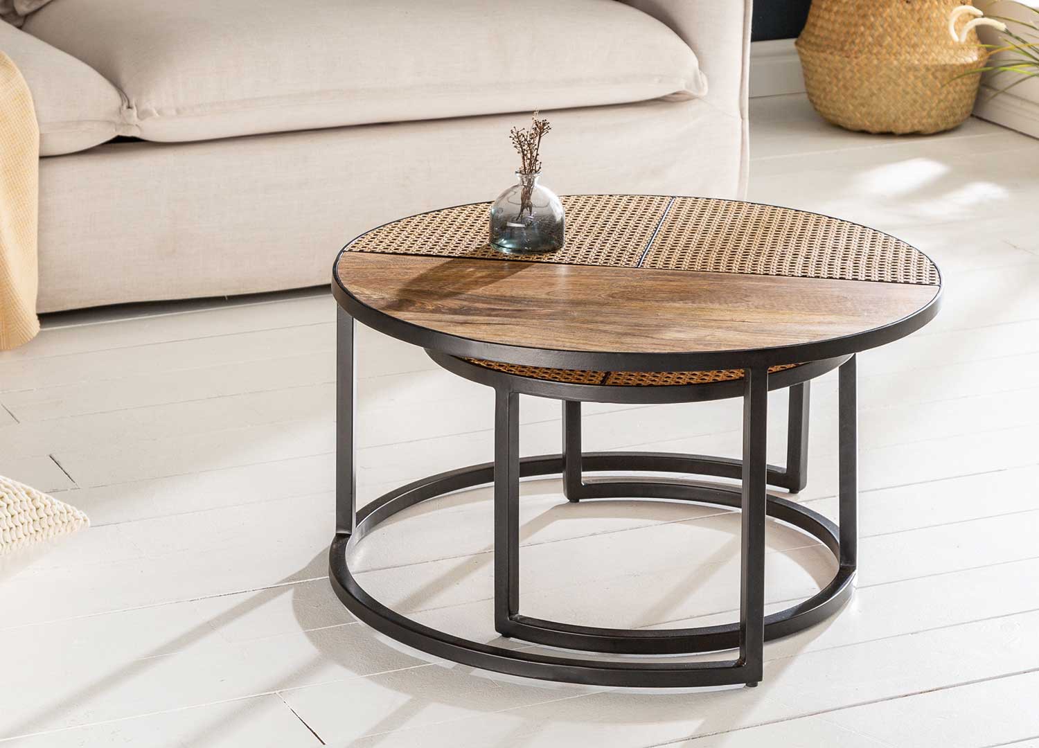 Lot de 2 tables basses rondes bois de manguier et rotin