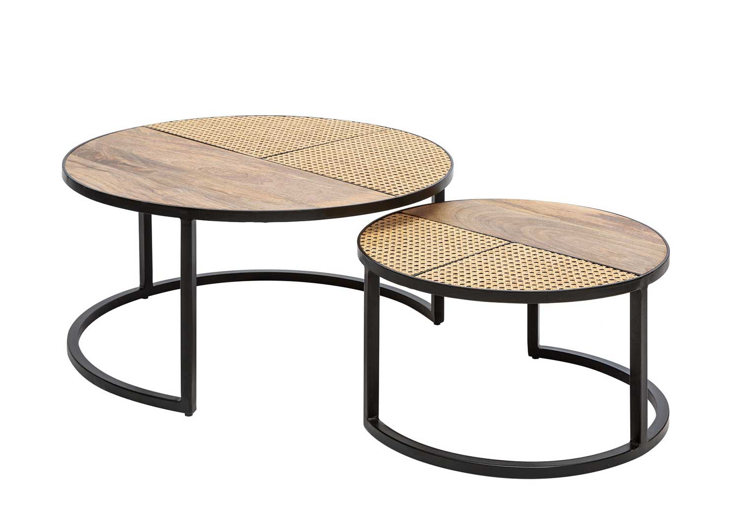 Lot de 2 tables basses rondes bois de manguier et rotin