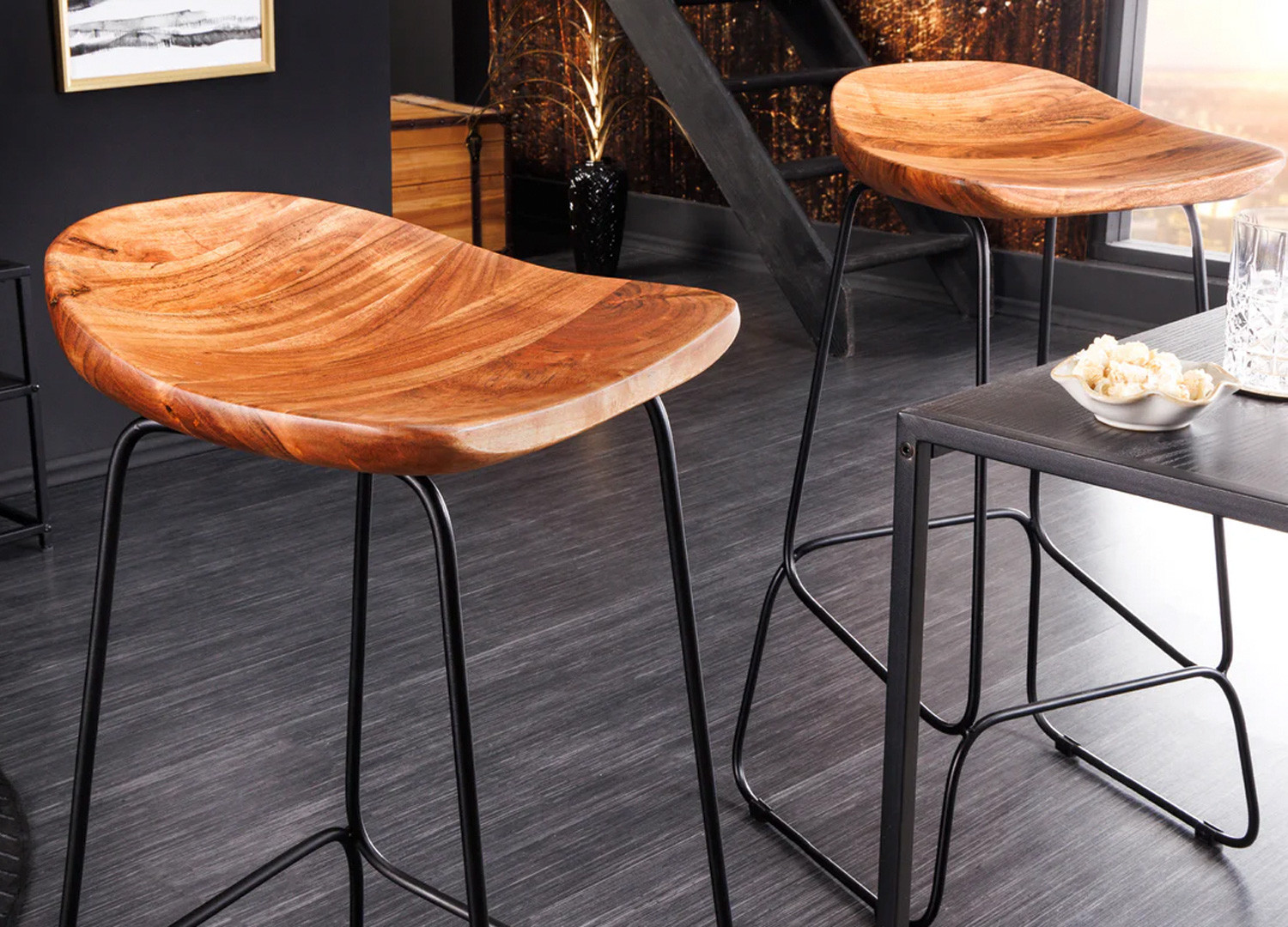 Lot de 2 tabourets de bar en acacia et métal Nivor