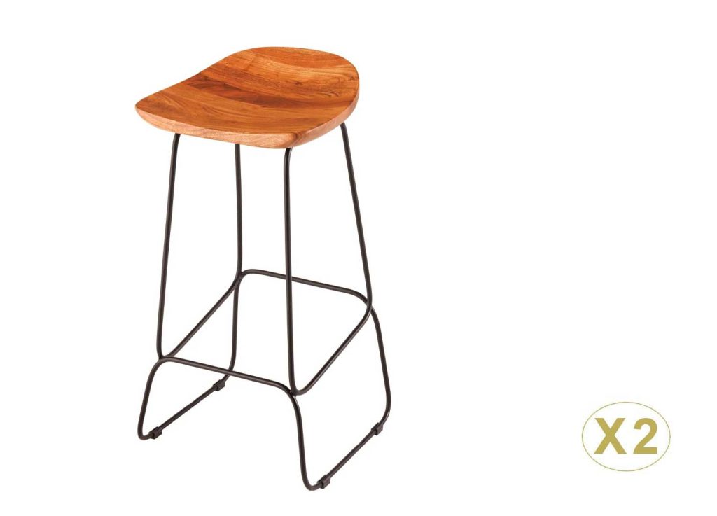 Lot de 2 tabourets de bar en acacia et métal Nivor