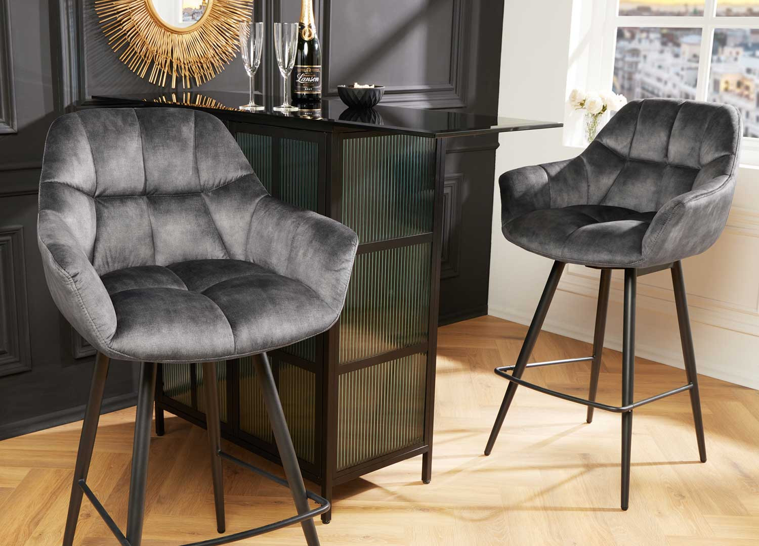 Lot de 2 tabouret de bar papillon velours gris