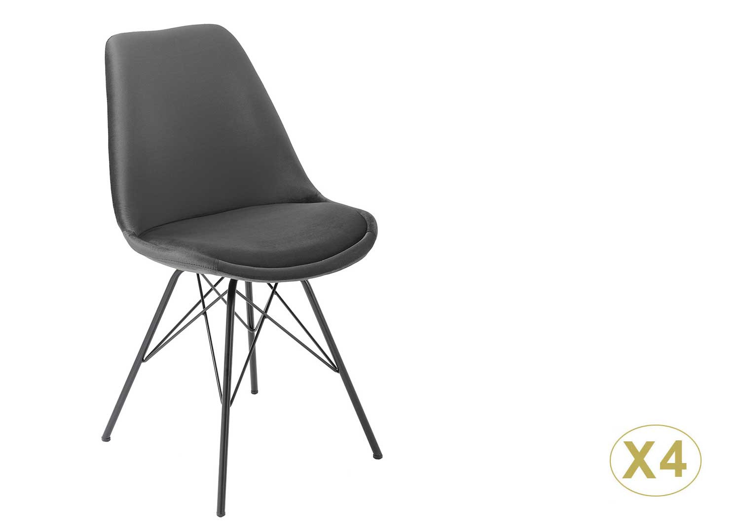 Lot de 4 chaises en velours gris et pieds eiffel en métal noir