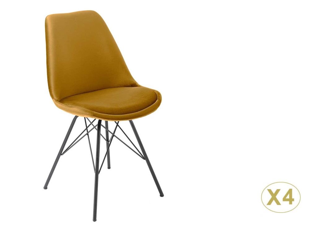 Lot de 4 chaises en velours jaune et pieds eiffel en métal noir