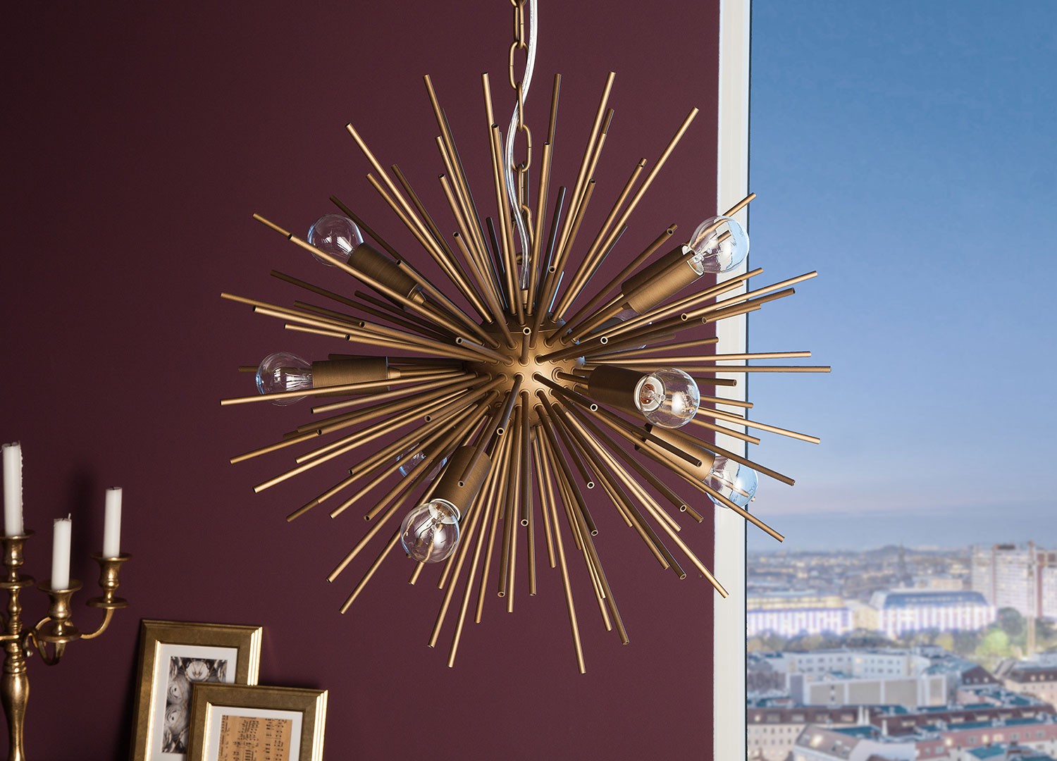 Luminaire suspension soleil métal doré