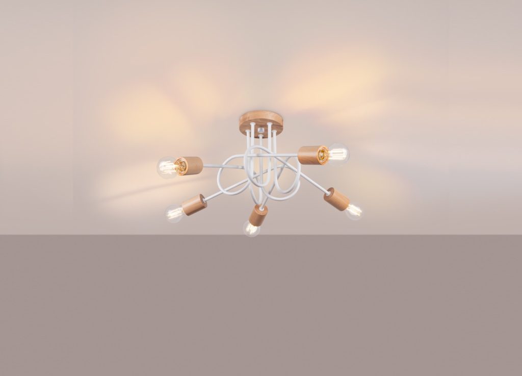 Lustre EMBER 5 lumières blanche et bois naturel