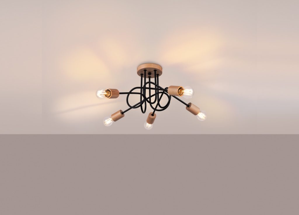 Lustre EMBER 5 lumières noire et bois naturel