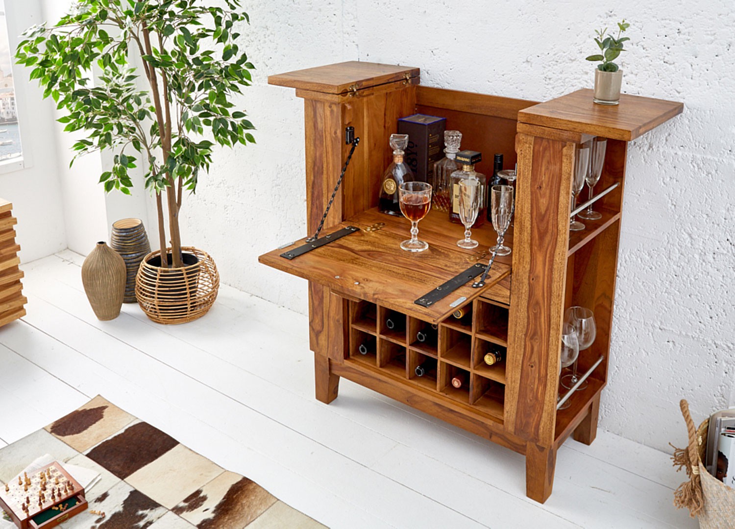 Meuble bar à porte rabattable en bois massif de sesham