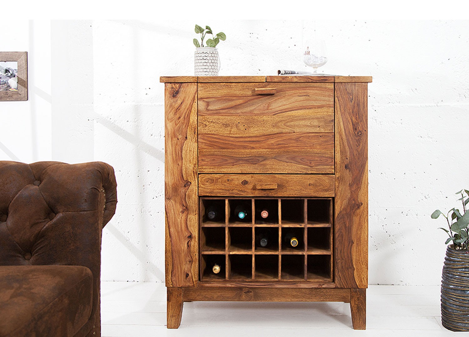 Meuble bar à porte rabattable en bois massif de sesham