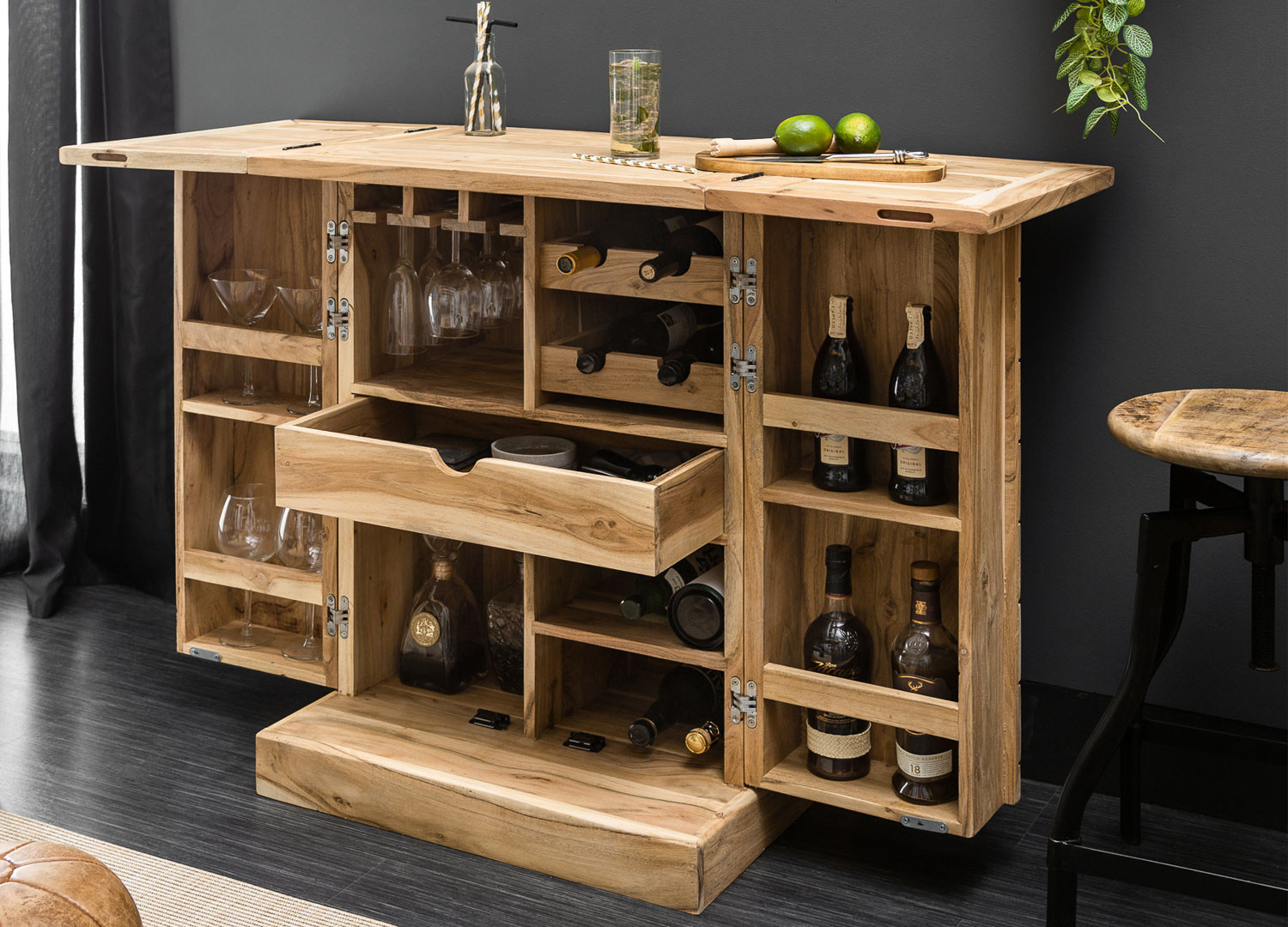 Meuble bar en bois d'acacia 2 portes avec rangements