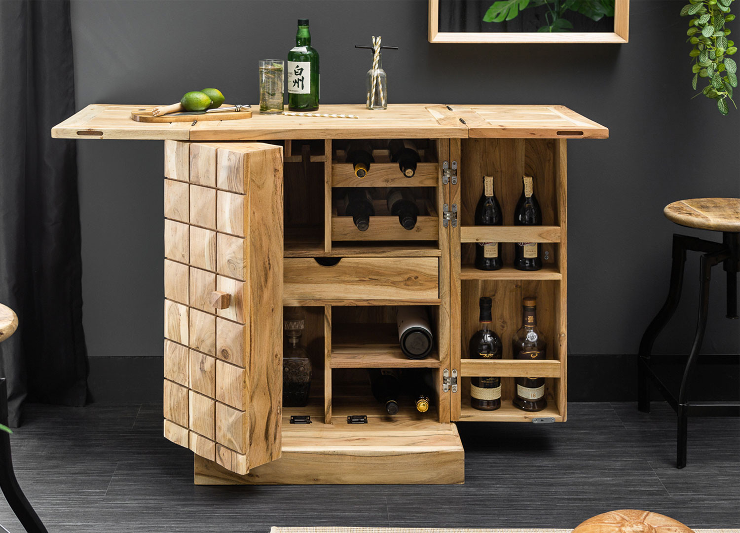 Meuble bar en bois d'acacia 2 portes avec rangements