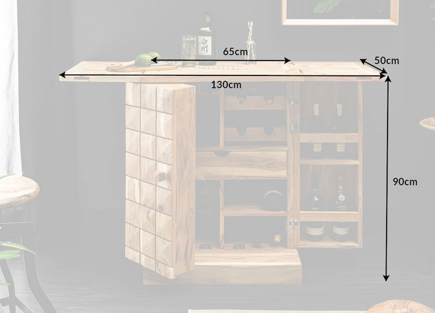 Meuble bar en bois d'acacia 2 portes avec rangements