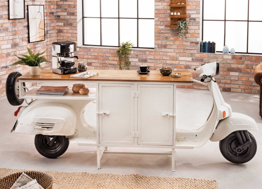 Meuble bar scooter blanc et bois avec rangements