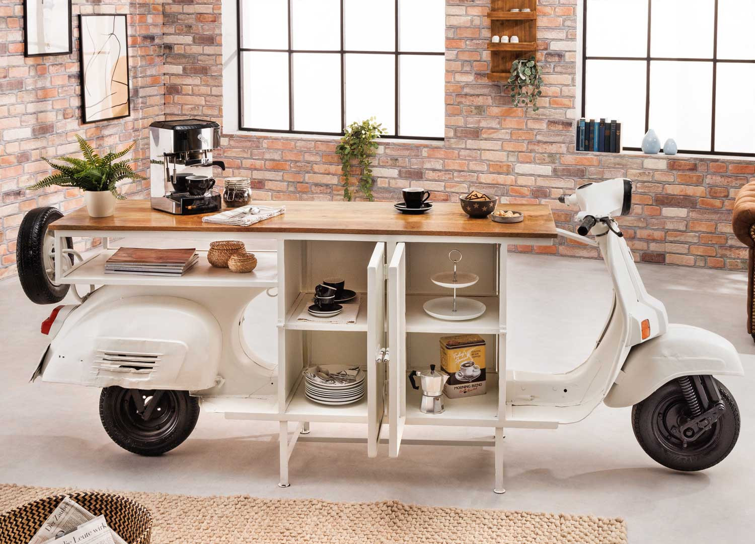 Meuble bar scooter blanc et bois avec rangements