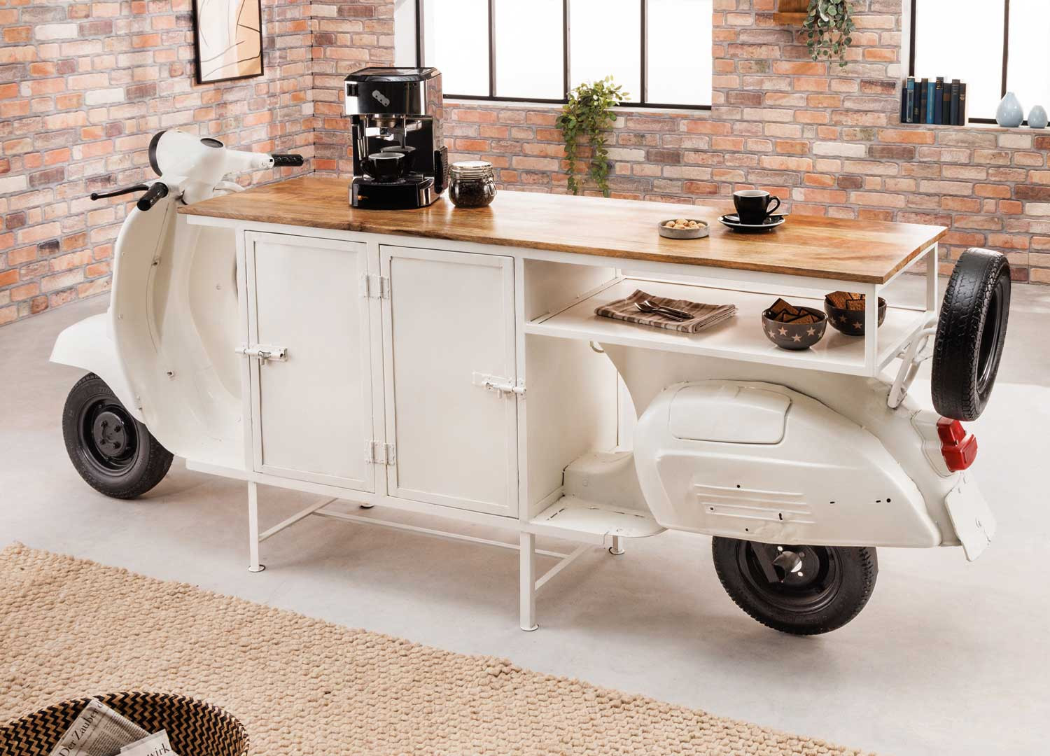Meuble bar scooter blanc et bois avec rangements