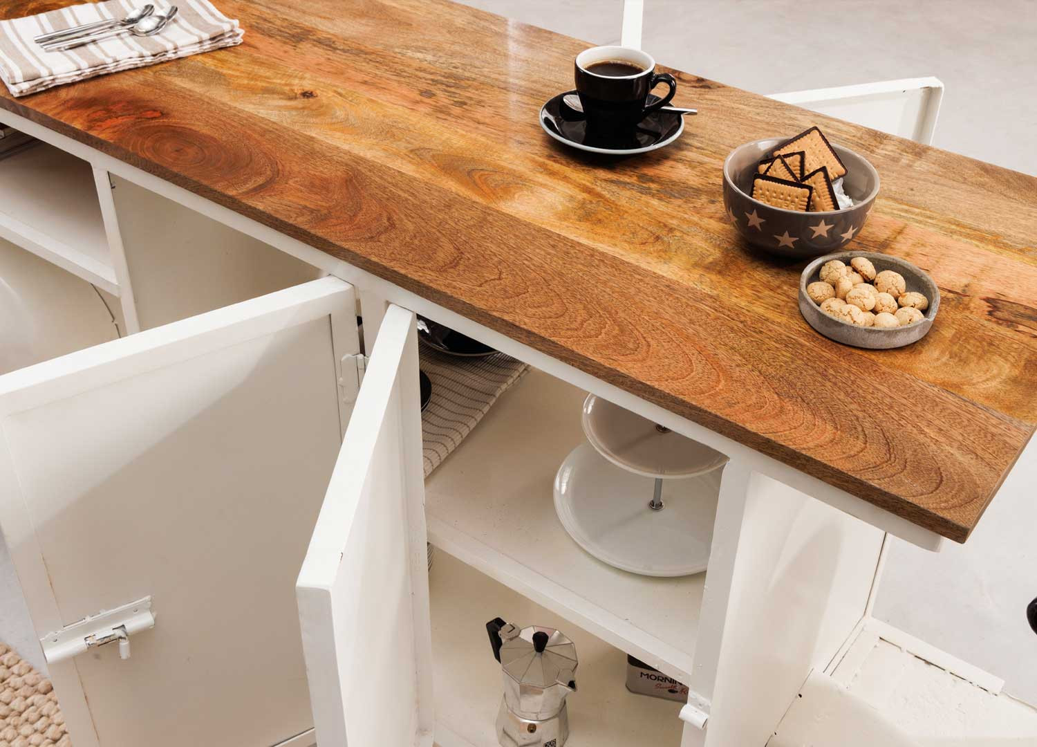 Meuble bar scooter blanc et bois avec rangements