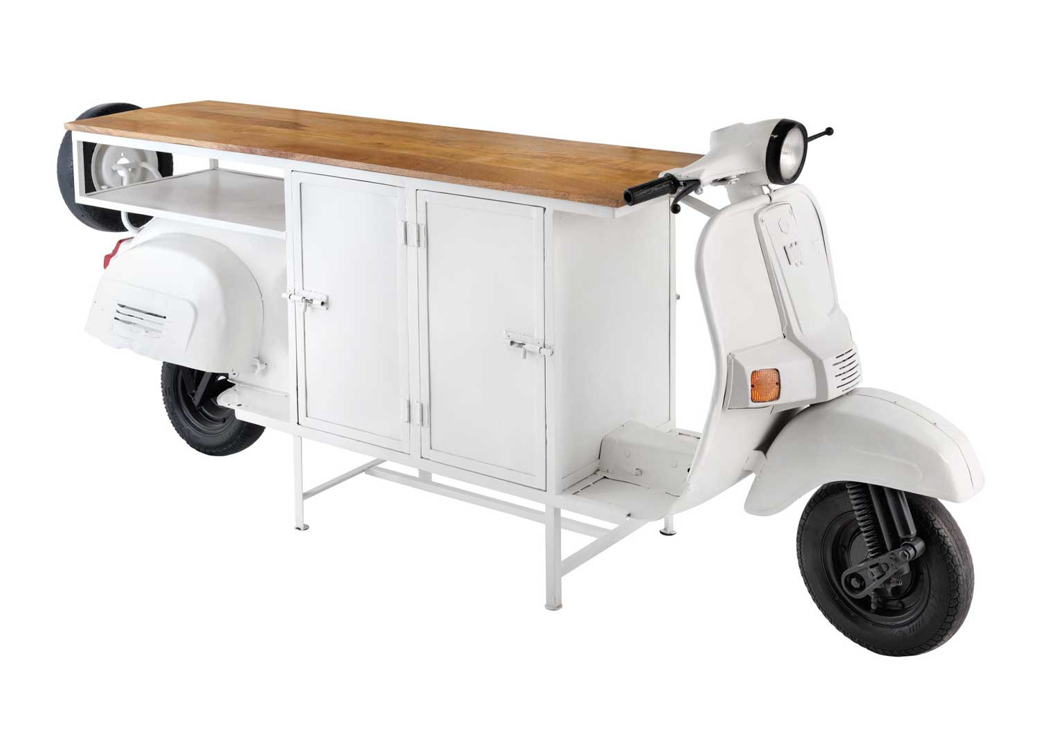 Meuble bar scooter blanc et bois avec rangements