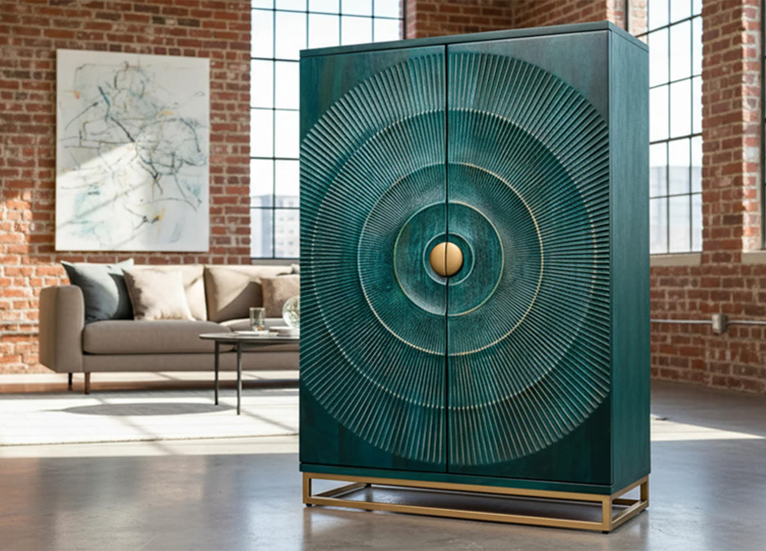 Meuble bar Sunset turquoise et doré 140 cm - vue de face