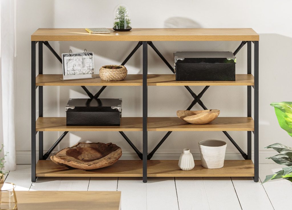 Meuble bibliothèque industrielle 110 cm chêne naturel et cadre métal noir