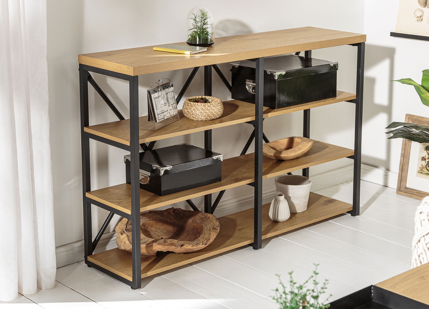 Meuble bibliothèque industrielle 110 cm chêne naturel et cadre métal noir