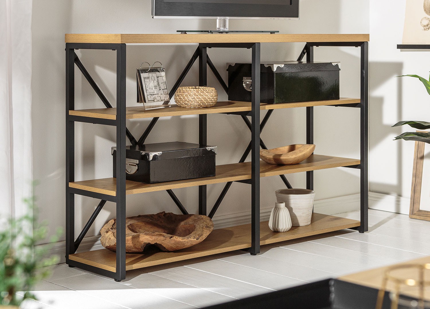 Meuble bibliothèque industrielle 110 cm chêne naturel et cadre métal noir