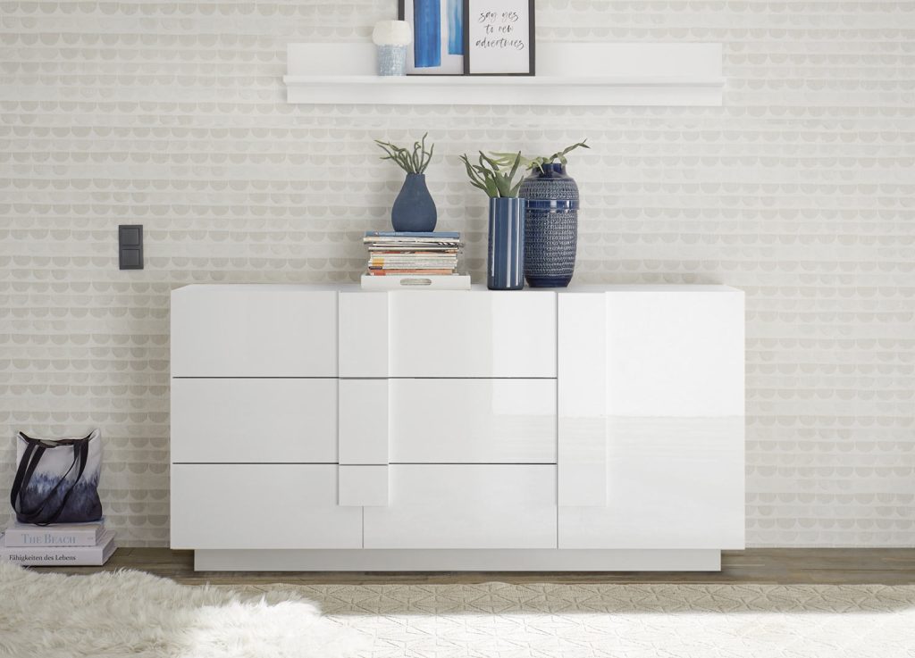 Meuble buffet 1 porte et 3 tiroirs blanc laqué 181 cm