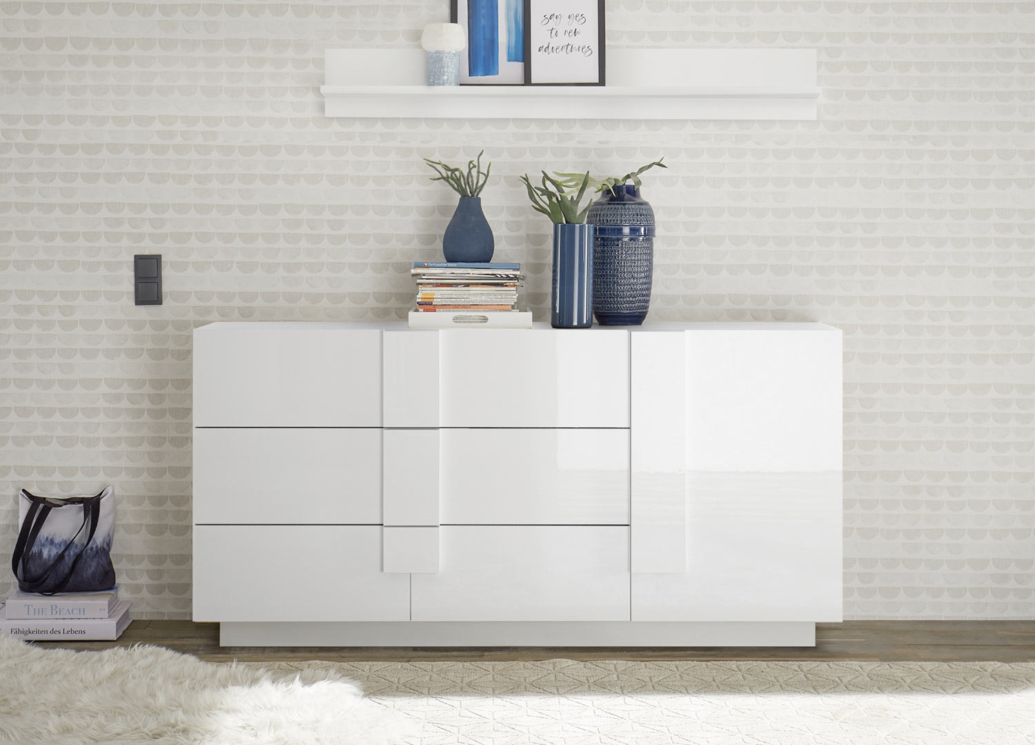 Meuble buffet 1 porte et 3 tiroirs blanc laqué 181 cm
