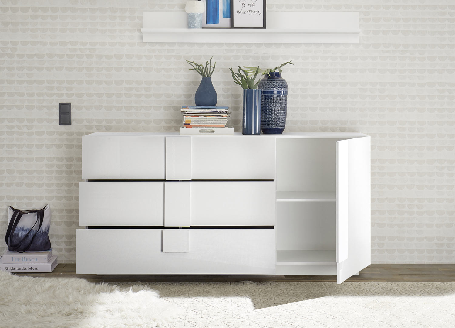 Meuble buffet 1 porte et 3 tiroirs blanc laqué 181 cm