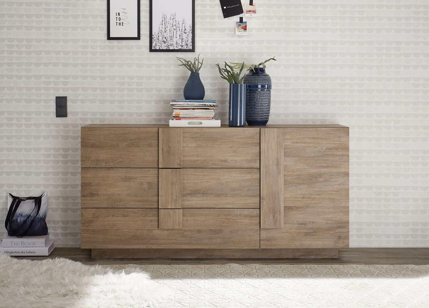 Meuble buffet 1 porte et 3 tiroirs chêne mercure 181 cm