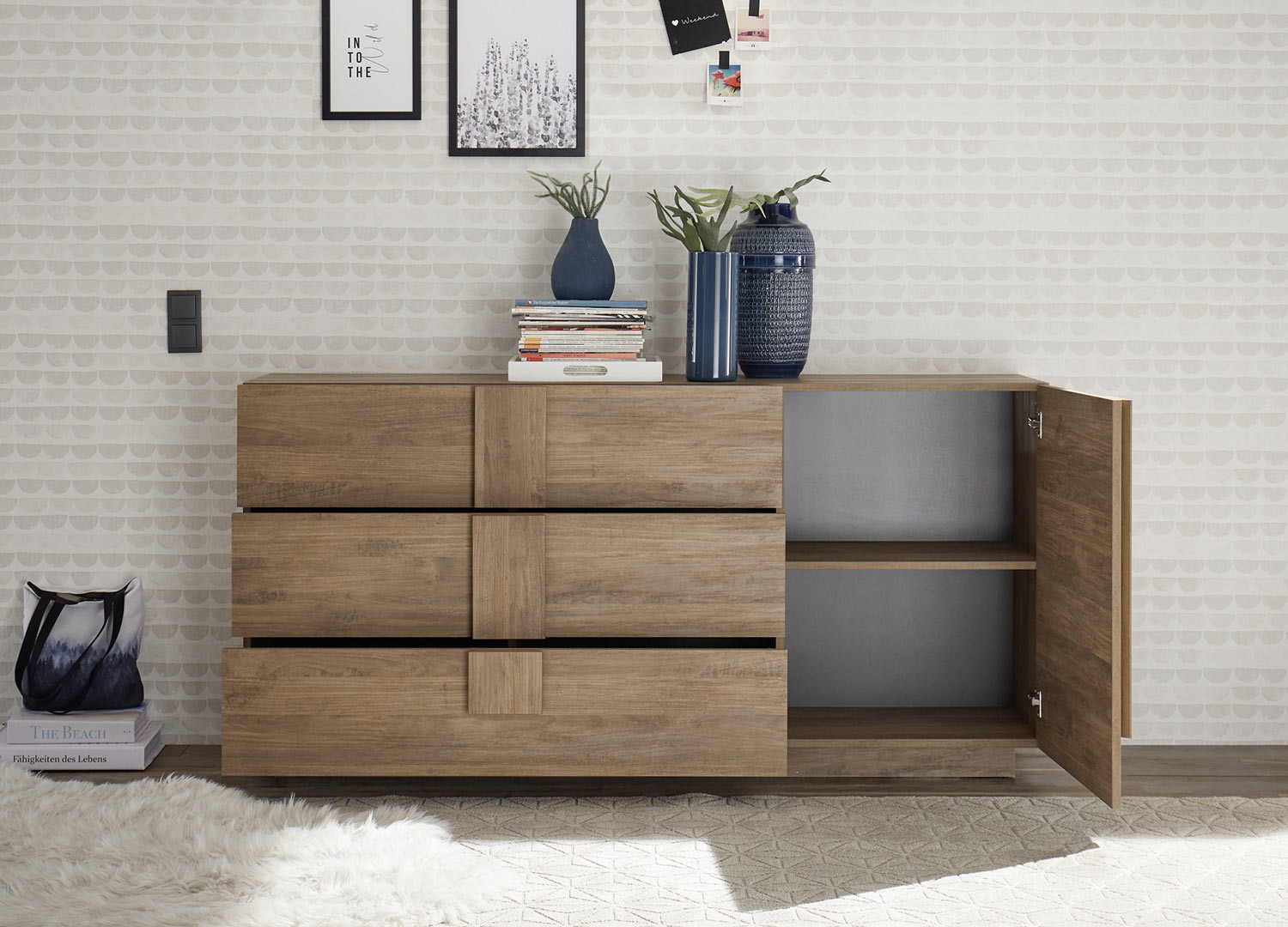 Meuble buffet 1 porte et 3 tiroirs chêne mercure 181 cm
