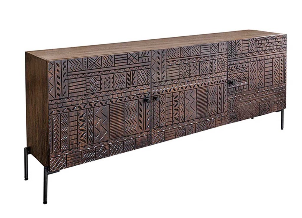 Meuble buffet 3 portes en manguier marron foncé sculpté Tribal