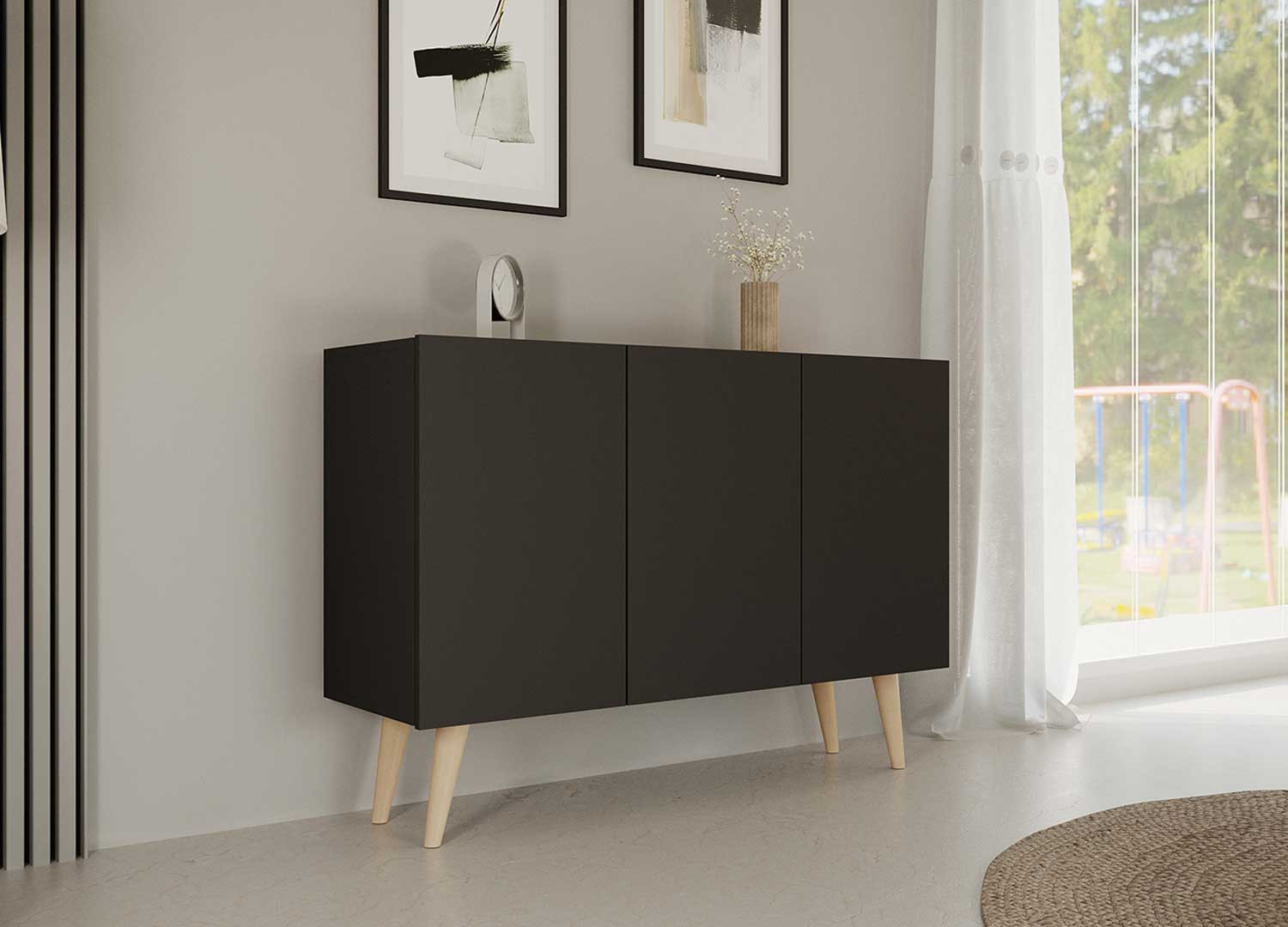 Meuble buffet 3 portes noir 120 cm