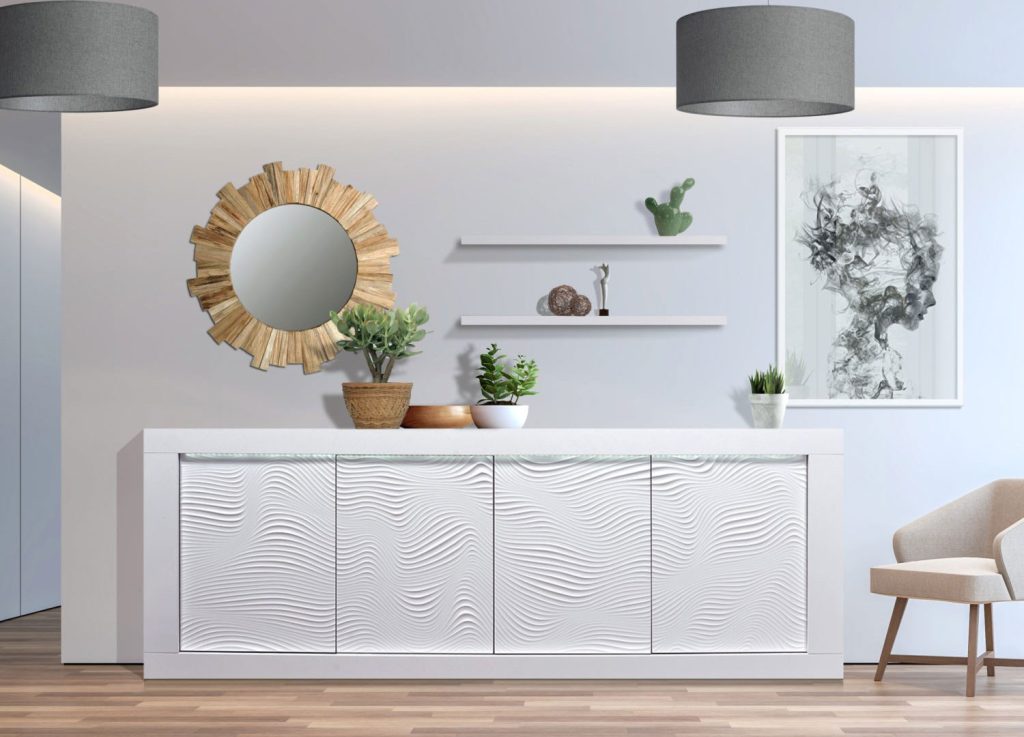 Meuble buffet 4 portes blanc laqué à led